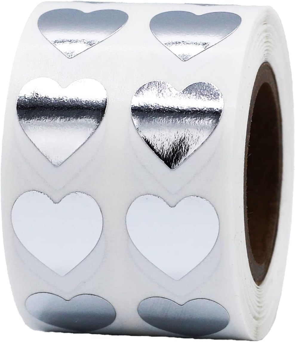 Metallic Silver Heart Stickers, 1/2" Inch, 1000 Adhesive Labels per Roll - Ideal for Crafting, Valentine's Day, and Non-Candy Favors in Schools, Parties, and Art Projects