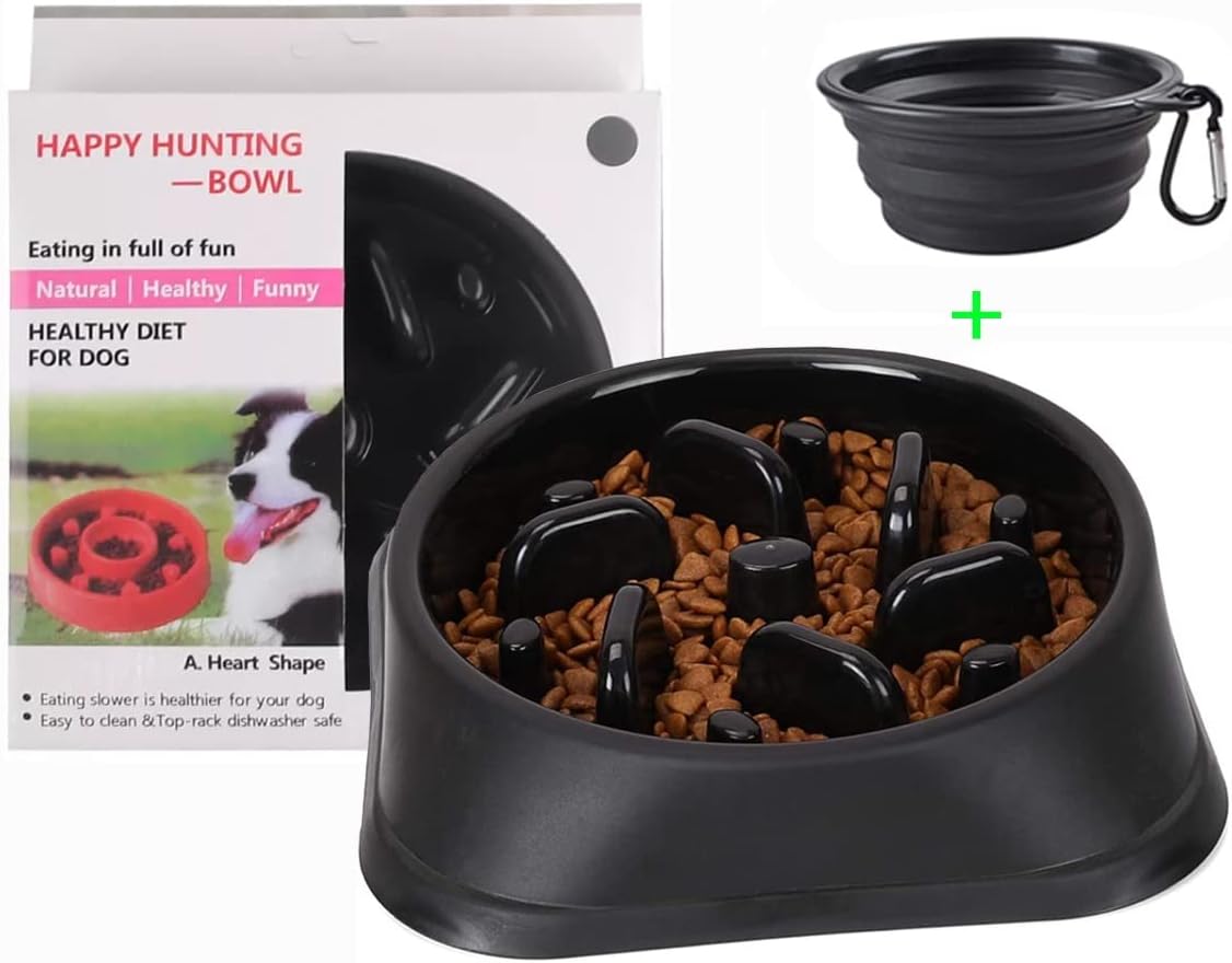 Comedero Perro Antivoracidad con Base Antideslizante-Interactivo-Promueve la alimentación Lenta para una digestión Saludable-Cuenco diseño de Laberinto Negro+Cuenco Plegable para IR de Paseo