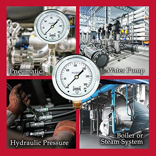 Image of Winters 2-1 /2 inch Dial Size, Liquid Filled Industrial Pressure Gauge, Brass Internals, 304 Stainless Steel Case, Single Scale 0-300 psi, 1.5% Acc, 1 /4 inch NPT Bottom Mount, Glycerin Filled Pressure Gauge