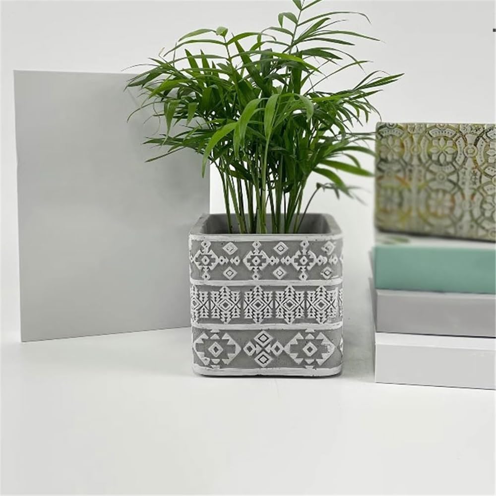 vasi per piante Vaso da fiori di forma quadrata con fori di drenaggio, vaso for piante in cemento con motivo in rilievo bianco sfondo grigio, for balcone soggiorno camera da letto Vasetti Per Piantine