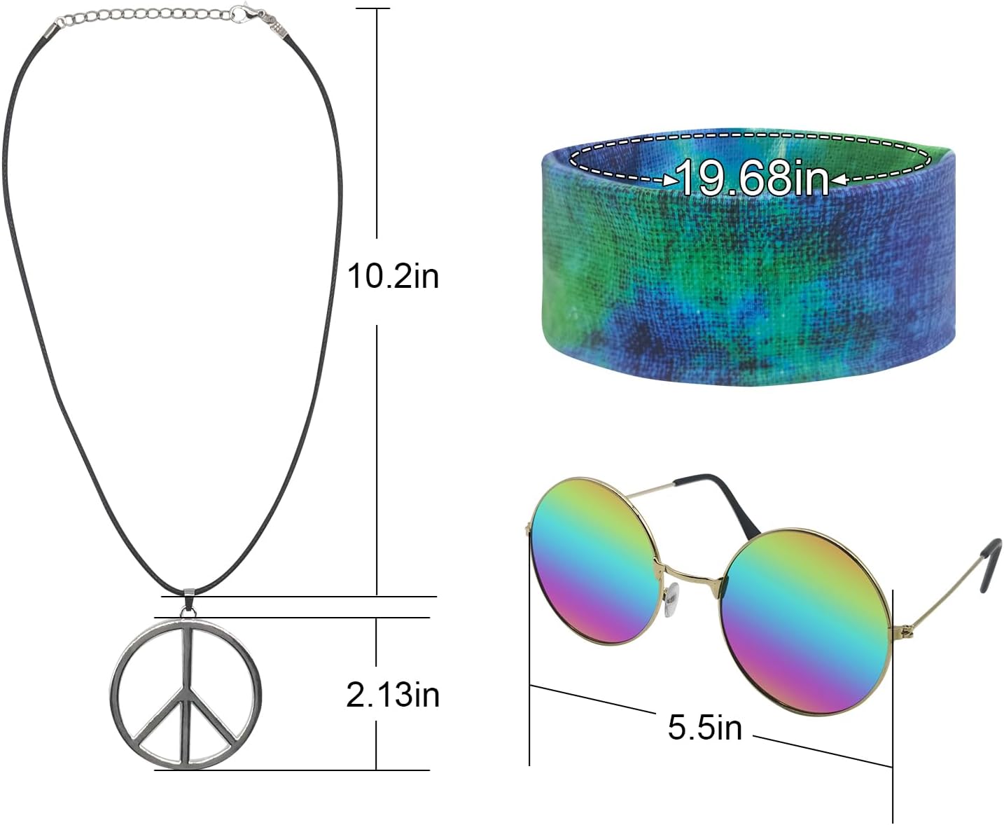 Hippie Costume for Men Women 60s and 70s colorful T-shirt sunglasses headband Peace necklace 4-piece theme party - Image 3