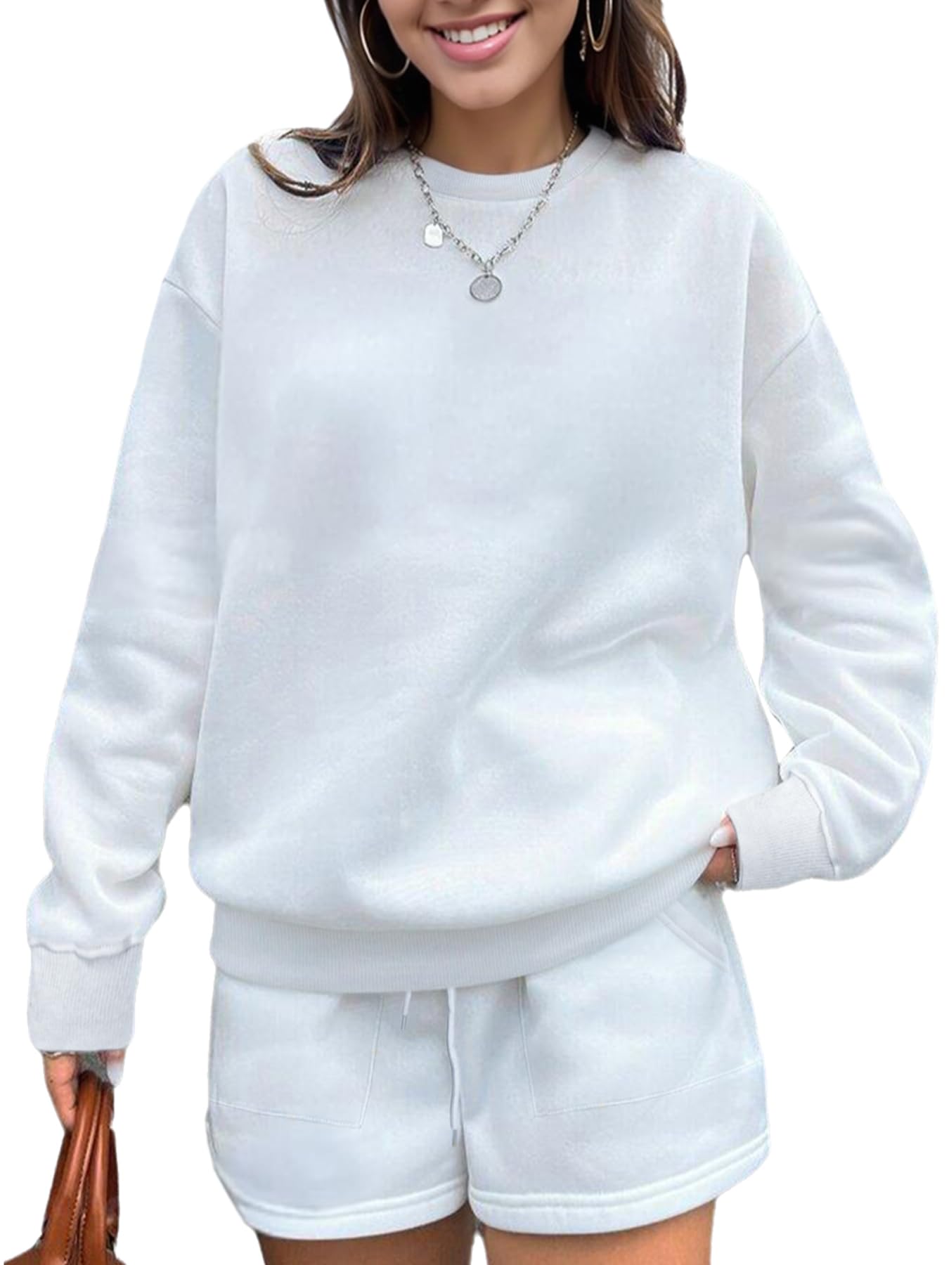 CATHSNNA Sweat Sets for Women 2 Piece Shorts Fleece Liner Drop Shoulder Crewneck Oversized Tops Warmth Winter Sweatshirt Suit