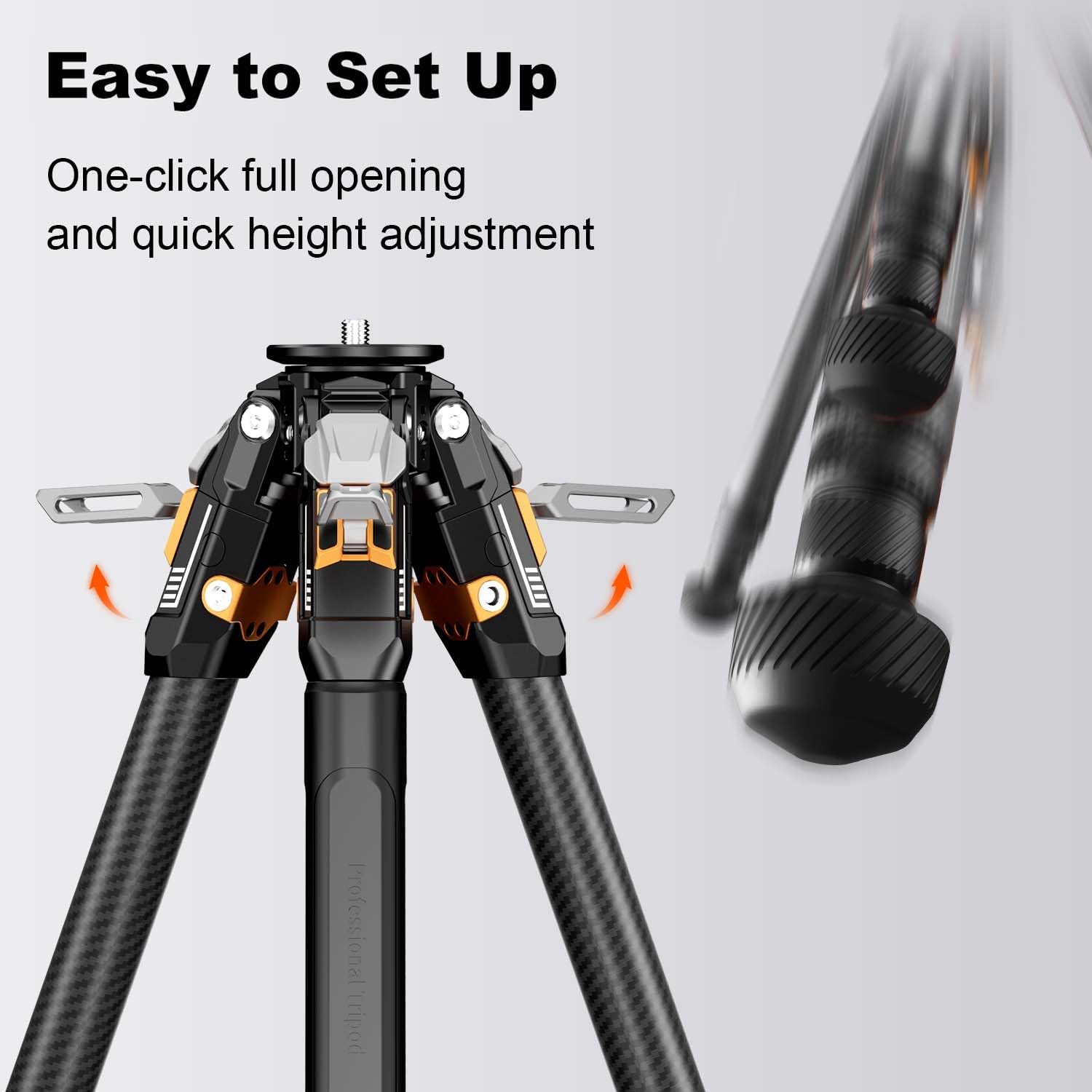 COMAN T1 Snap-Open Carbon Fiber Tripod, Heavy Duty Tripod for Camera with 44lbs Max Load, Professional Tripod for Telescope DSLR & Mirrorless, Low Angle via Removable Center Column, 62.9″ Max Height