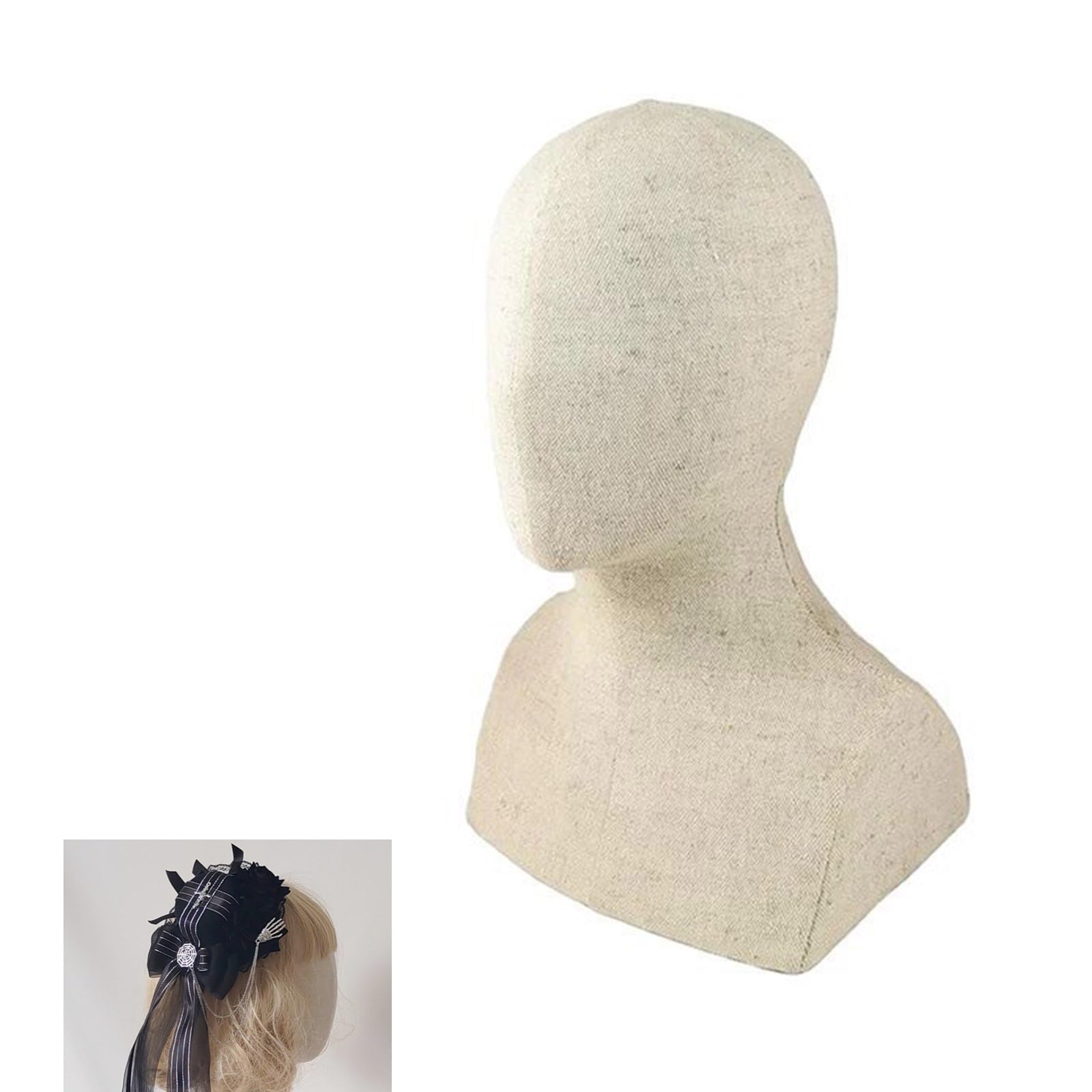 Multipurpose Burlap Covered Mannequin Head Faux Wood Finish Manikin Head Model for Hat and Wigs Displaying Holder Stand