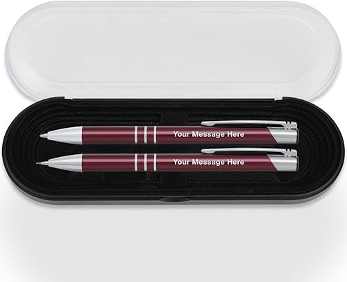 Juego de regalo de bolígrafo de metal clásico grabado personalizado y lápiz mecánico. Incluye estuche, color rojo arándano con detalles plateados.
