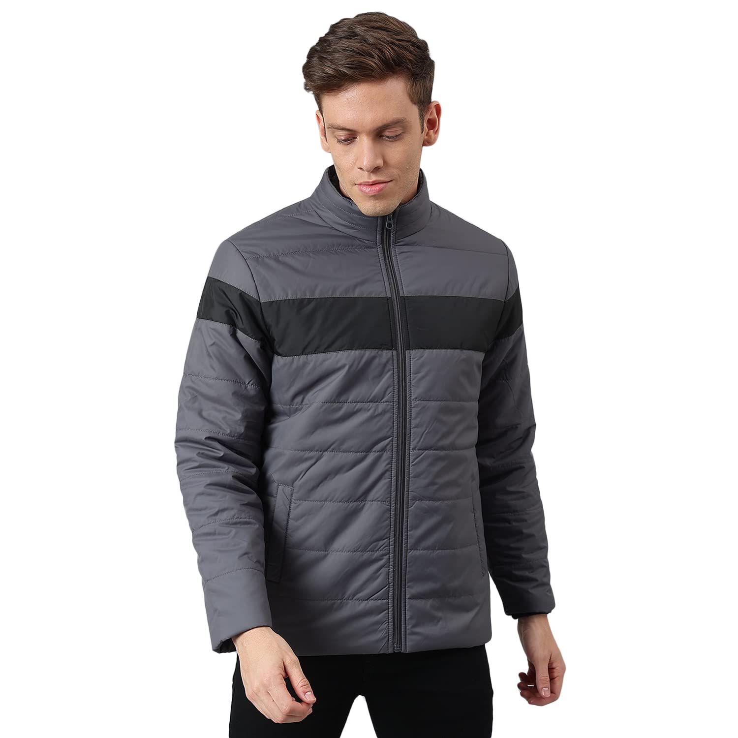 Dennis Lingo Menâ€™s Long-Sleeve Striped Puffer Jacket - Welt Pocket, Lightweight, Casual Winterwear for Men in neutral