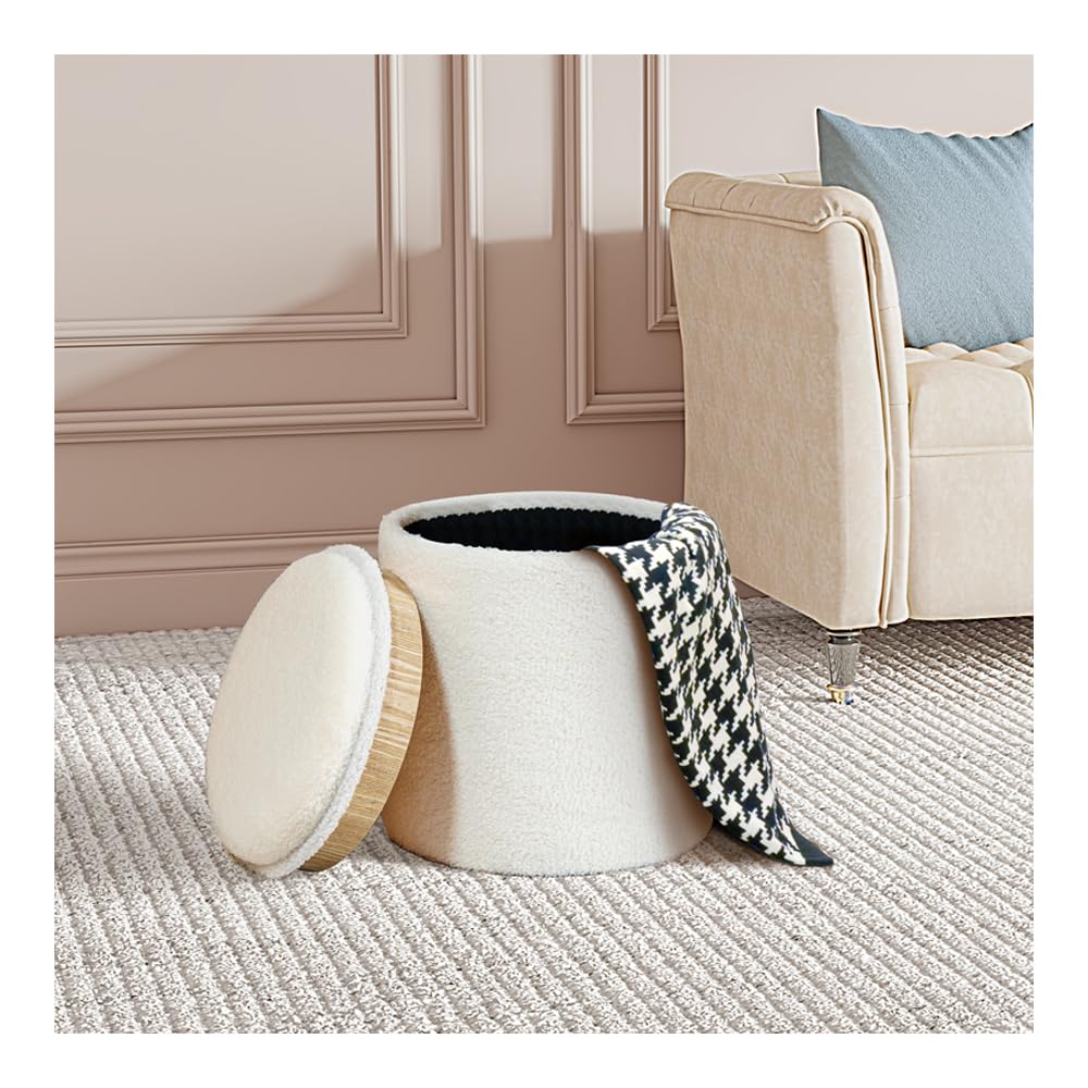PINPLUS Round Storage Ottoman Boucle Ottoman with Tray, Teddy Velvet Footstool Cube for Living Room, Bedroom, Dorm 13.4"x13.4"x15" (White)