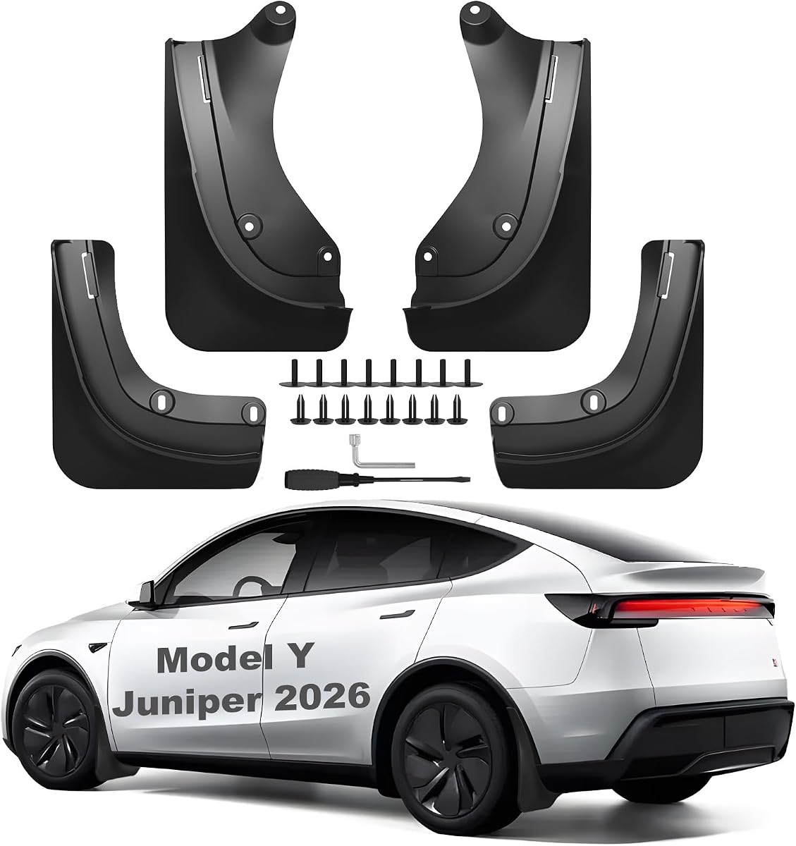 2026 Mud Flaps for Tesla Model Y Juniper Accessories Front and Rear ABS Mud Guards Set of 4, Includes All Hardware Installation Tools Accessories (Model Y Juniper 2025+)
