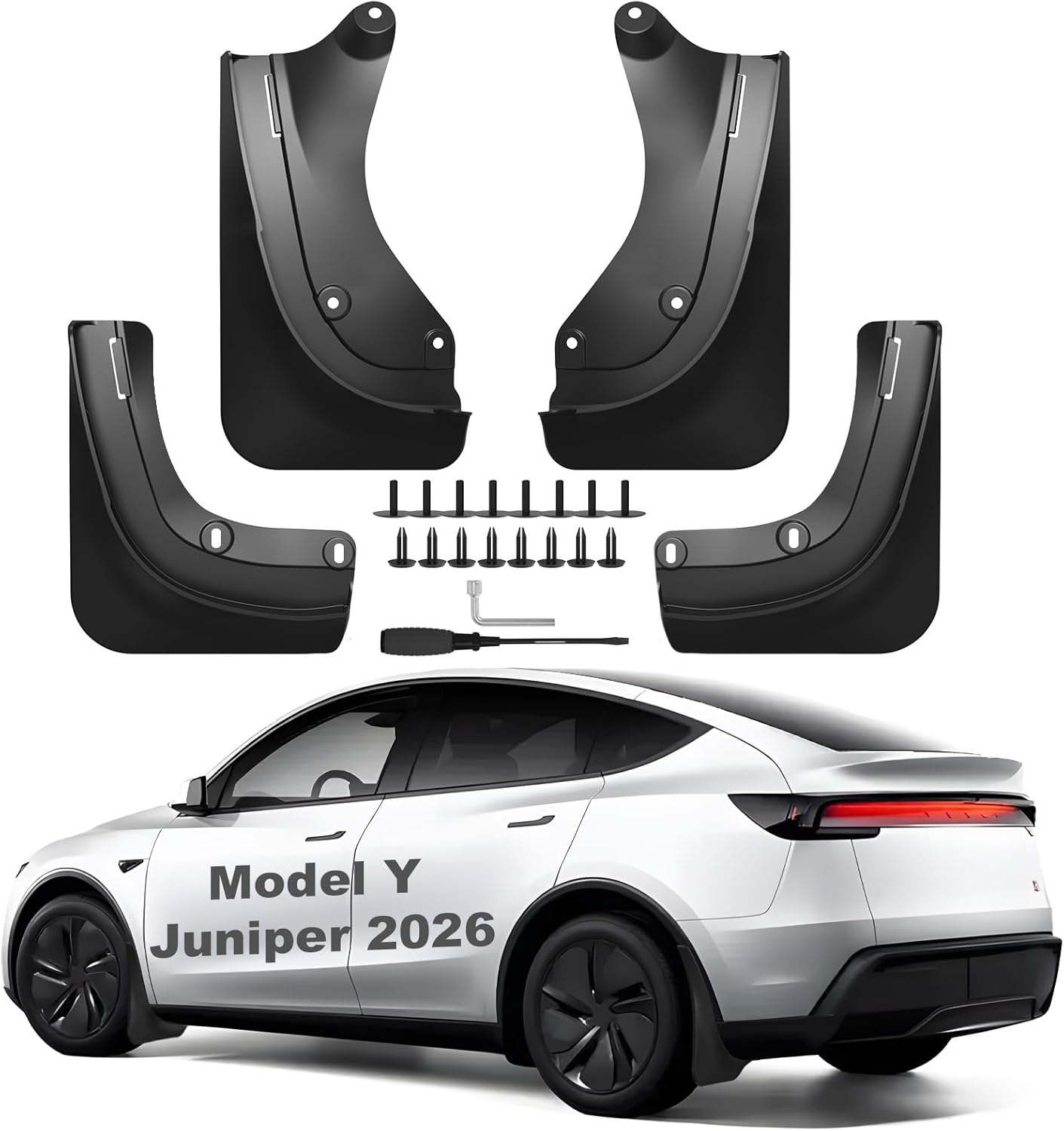 2026 Mud Flaps for Tesla Model Y Juniper Accessories Front and Rear ABS Mud Guards Set of 4, Includes All Hardware Installation Tools Accessories (Model Y Juniper 2025+)