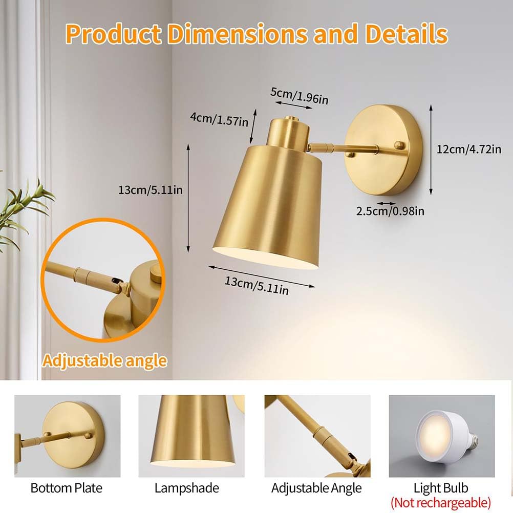 Bezprzewodowa lampa ścienna do użytku wewnętrznego Ściemnialna lampa ścienna z pilotem Regulowana lampa ścienna zasilana baterią E27 Magnetyczna z funkcją timera Złota lampka nocna w stylu vintage (2
