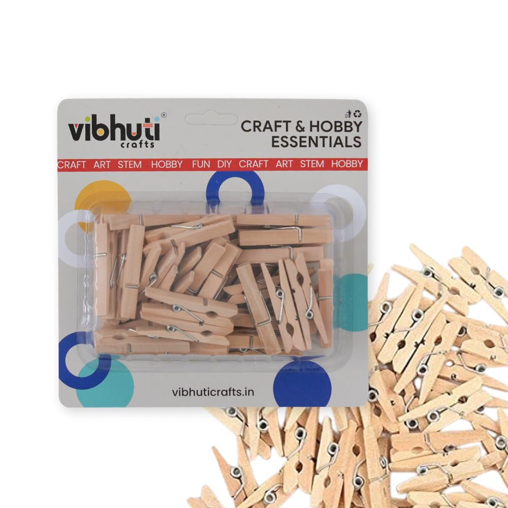Vibhuti Crafts (hoblie) Natural Wooden Clips/Pegs - 1.5 Inch Mini Wooden Clips - DIY Activities, Party Decorations, Hobby Crafts, Scrapbooking (Pack of 40)