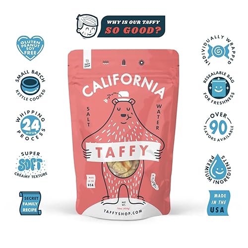 Vista 18 de Taffy Shop Florida Taffy - Caramelos masticables suaves y gourmet, paquete variado, aperitivo dulce a granel, regalo fresco y sin gluten, 30 piezas