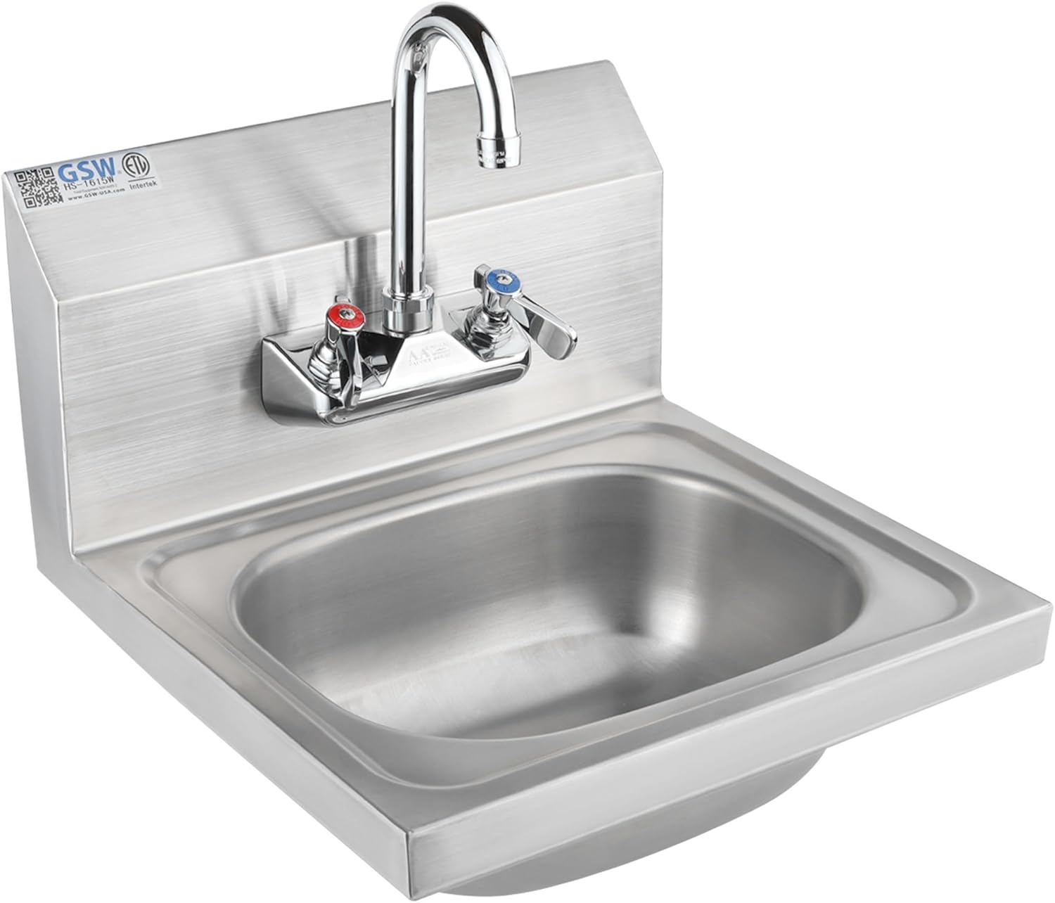 GSW HS-1615W Standard 16" x 15" Commercial Stainless Steel Wall Mount Hand Sink with 4" Gooseneck Faucet for Restaurants, Kitchens, Garages, Bars