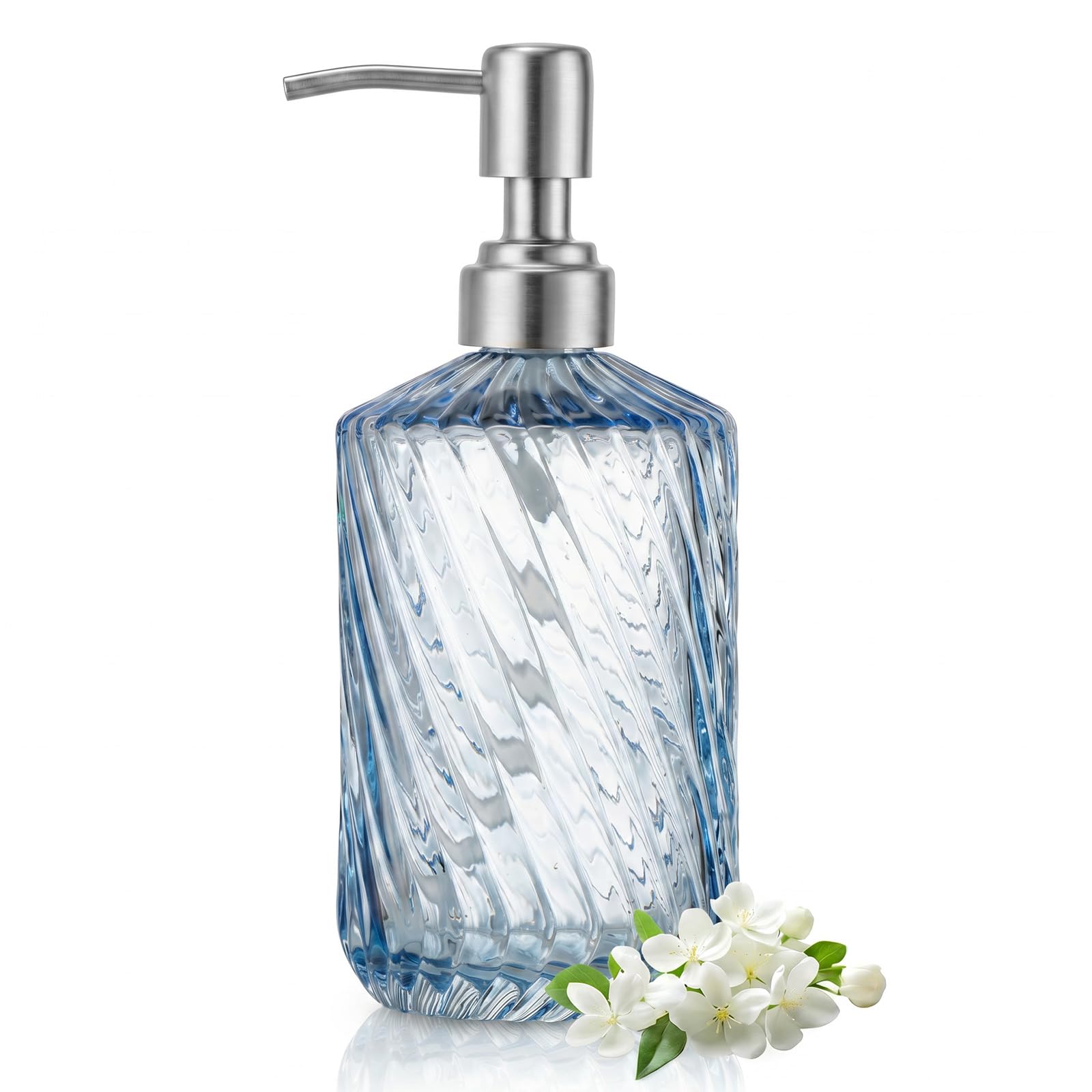 Glass Soap Dispenser - 450ml Hand Soap Dispenser with Rustproof Stainless Steel Pump Liquid Hand Jar Refillable Glass Bottle for Bathroom Countertop Kitchen Laundry Room, Blue