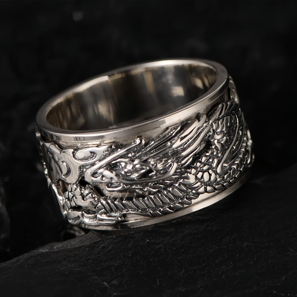 Vintage 925 Sterling Silber Chinesischer Drachen Ring Spinner Fidget Anxiety Ring Band Drachenring Schmuck für Herren Damen 12mm Größe 58-68