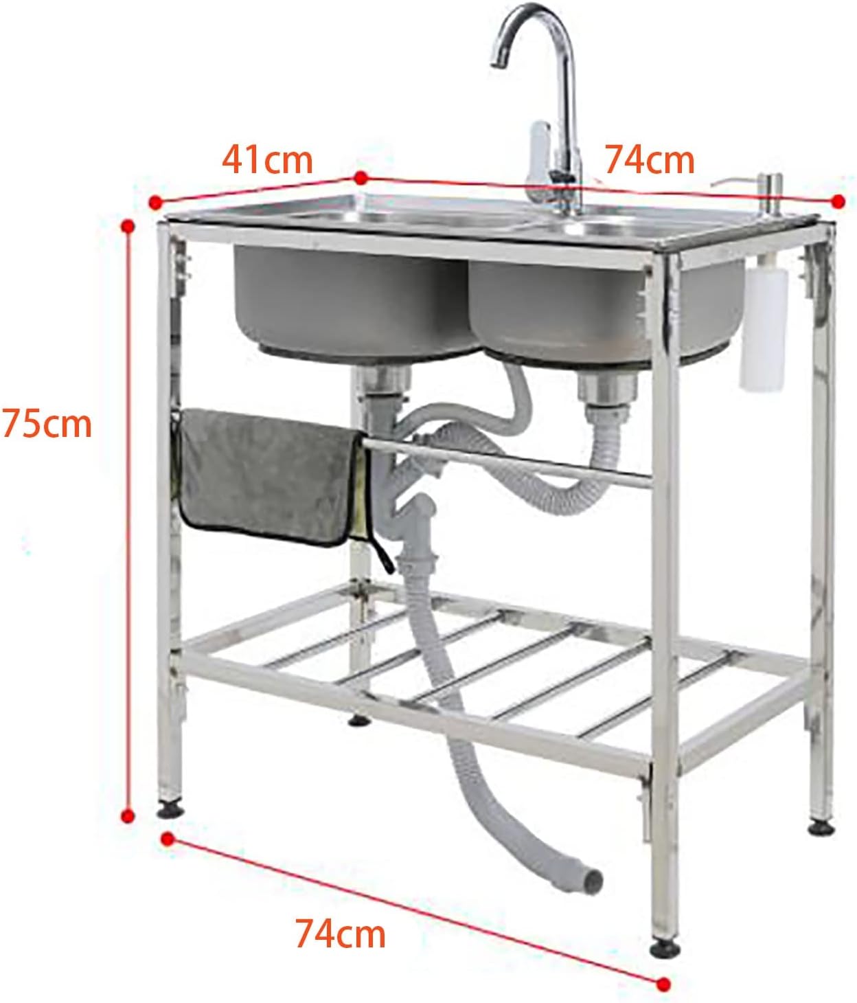 Double Bowl Kitchen Sink,304 Stainless Steel Utility Sink,Commercial Sink Basin,Utility Dresser,Combination Faucet with Double Storage Shelf and Drain Unit,1 Compartment Kitchen Sink (Color (C