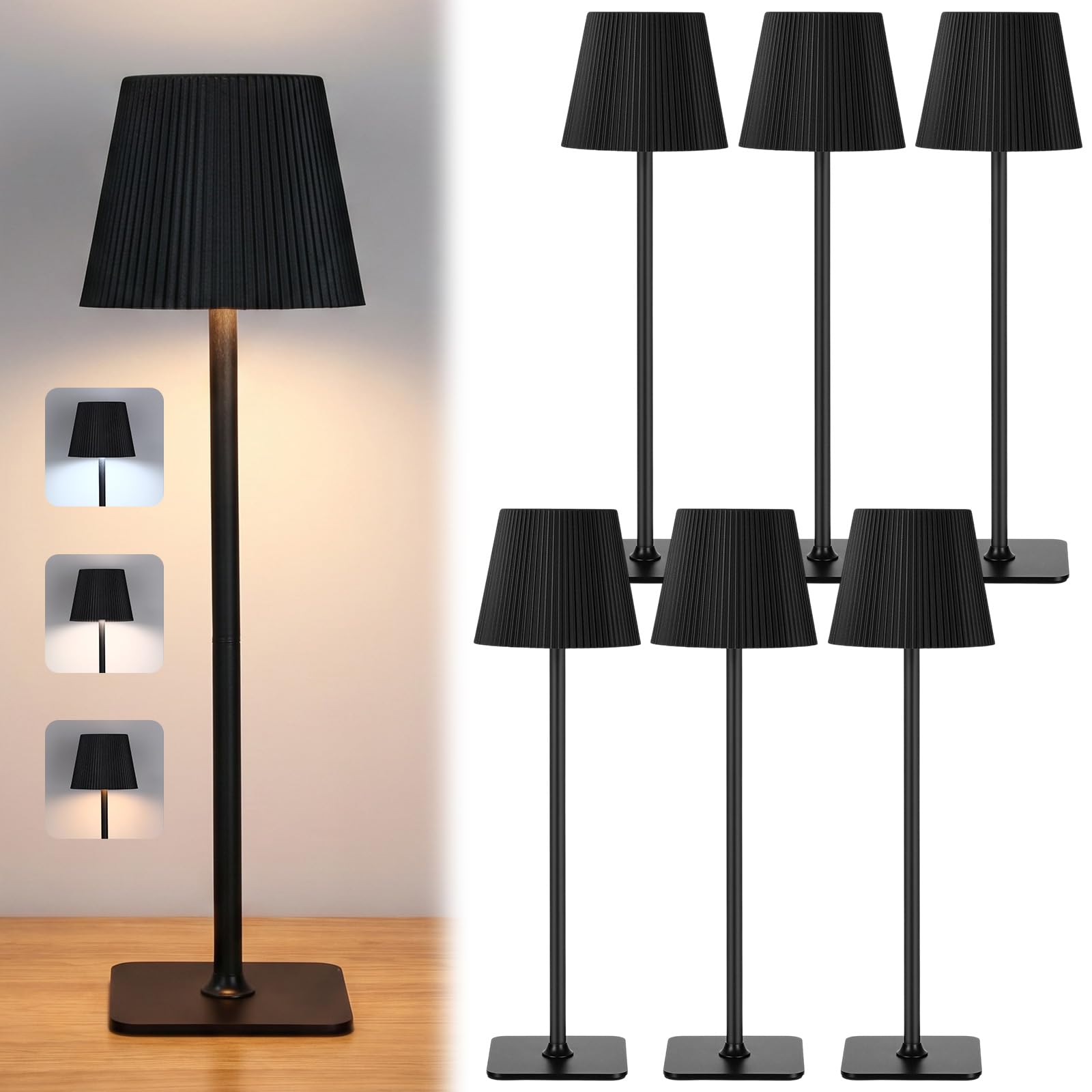 Kabellose LED-Tischlampe, tragbar, wiederaufladbar, Touch-Lampe, wasserdicht, 3000 mAh, batteriebetrieben, 3 Farben, stufenloses Dimmen, Touch-Steuerung für Restaurant, Schlafzimmer