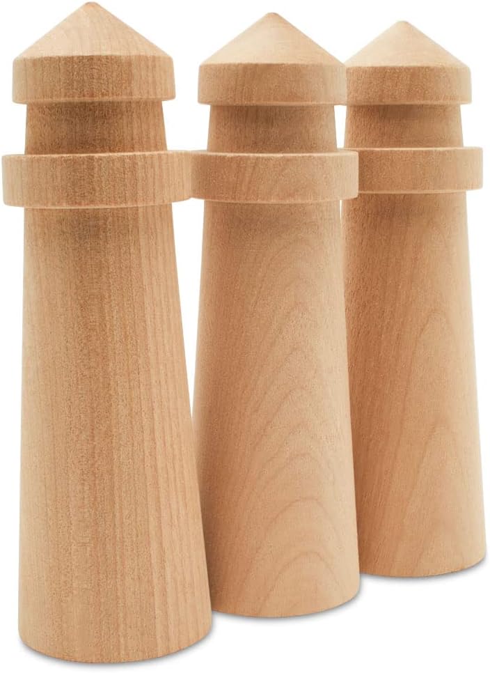 Lighthouse Decorations for Beach Themed Decor, Pack of 5 Wooden Lighthouse Figures, 5" Lighthouse Ornaments, by Woodpeckers