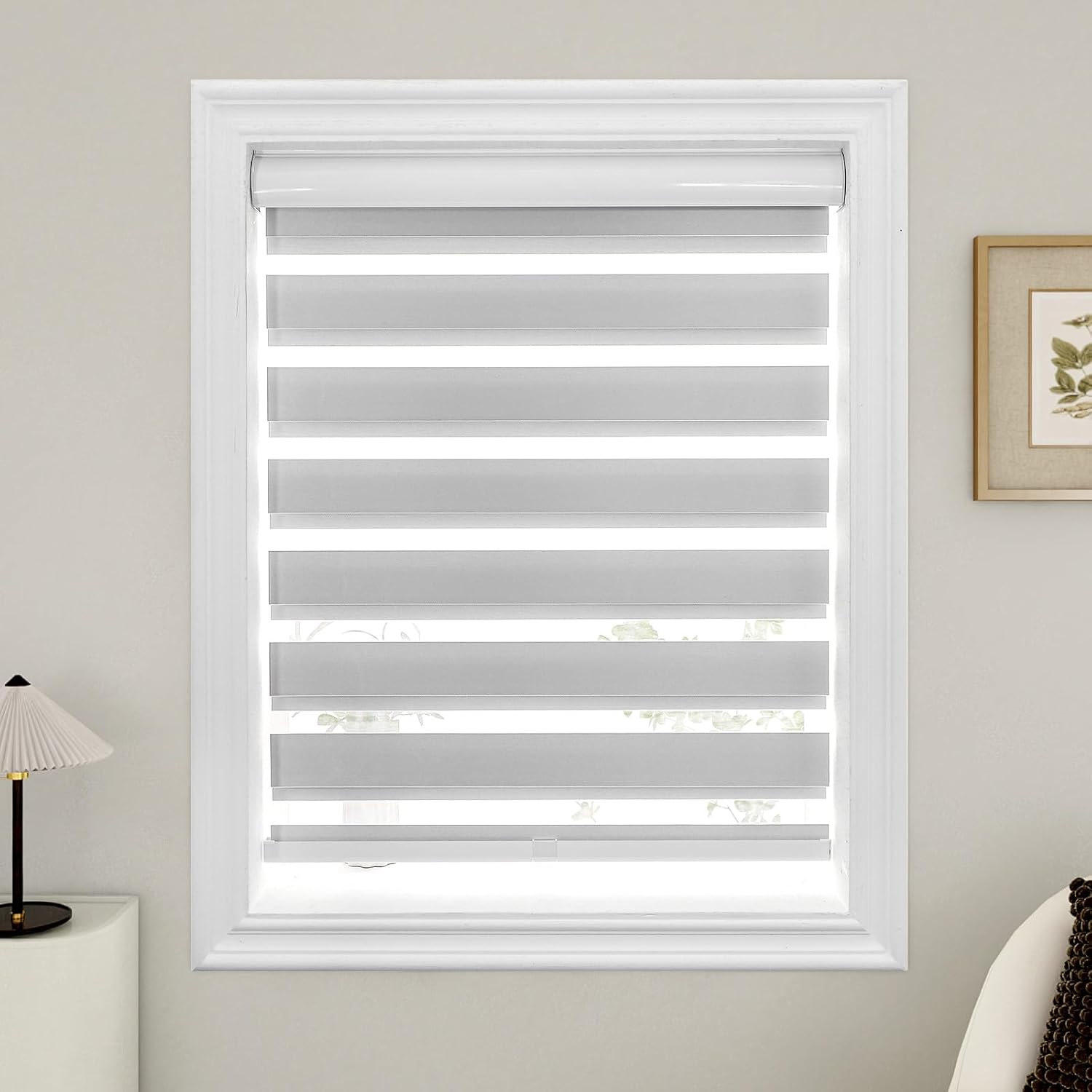 LUSTROWIN Custom Cordless Zebra Blinds for Indoor Windows, Zebra Roller Shades with Dual Layer Light Control for Day and Night, Blackout Window Treatment Sheer Blinds for Home & Office, White