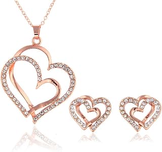14K Rose Gold Silver Double Heart Shaped Necklace Shiny Crystal Stud Earrings Wedding Jewelry Set Best Gifts-Gold Set