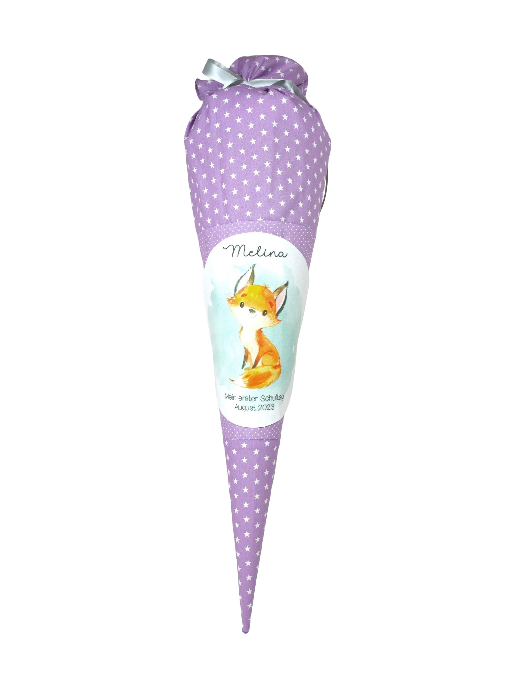 Schultüte aus Stoff flieder mit Name Fuchs Zuckertüte 70cm oder 85cm lila