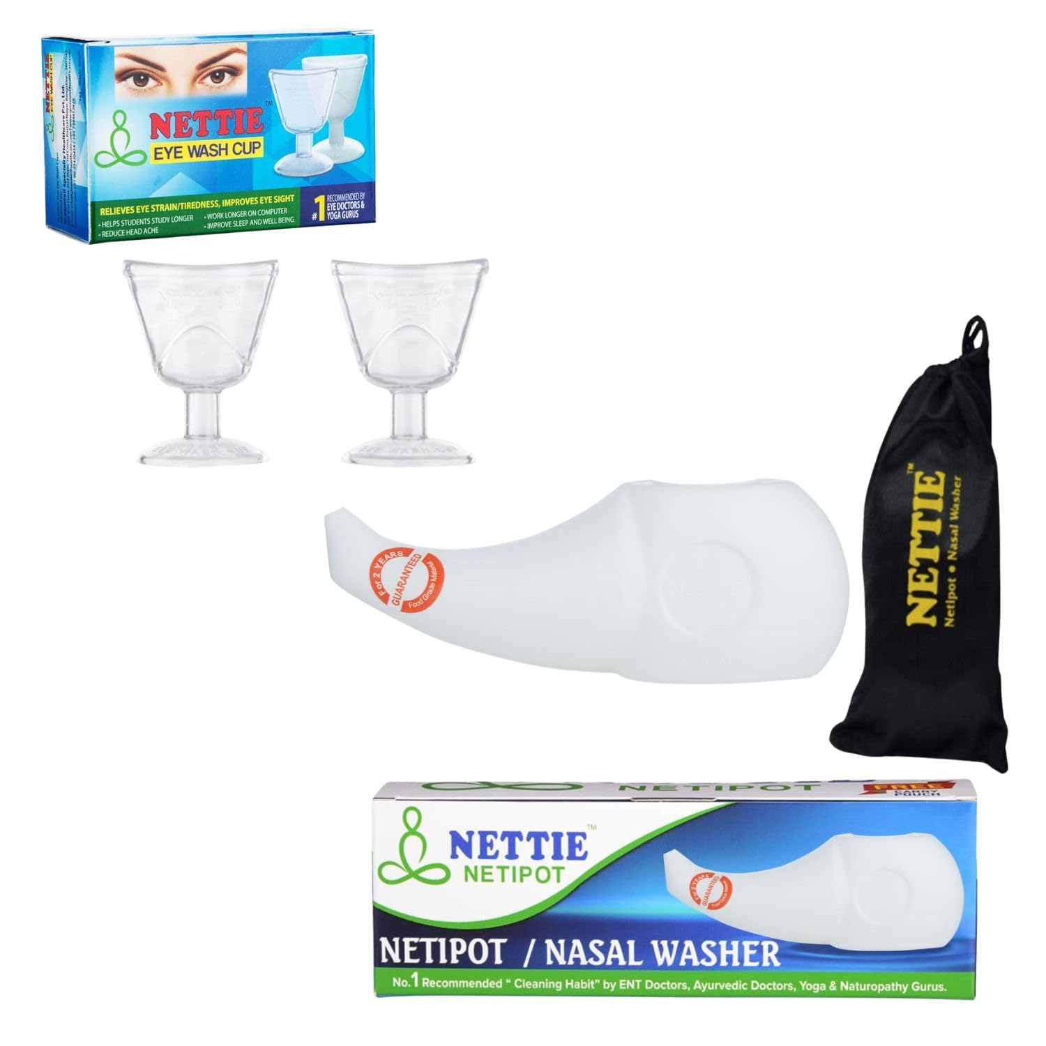 NETTIE Jal Neti Pot (300ml, BPA-Free) + 2 Eyewash Cups | With Pouch & Guide | Sinus, Cold, Allergy Relief & Eye Detox | Nasal & Eye Cleansing Combo, Food Grade, Transparent Cups