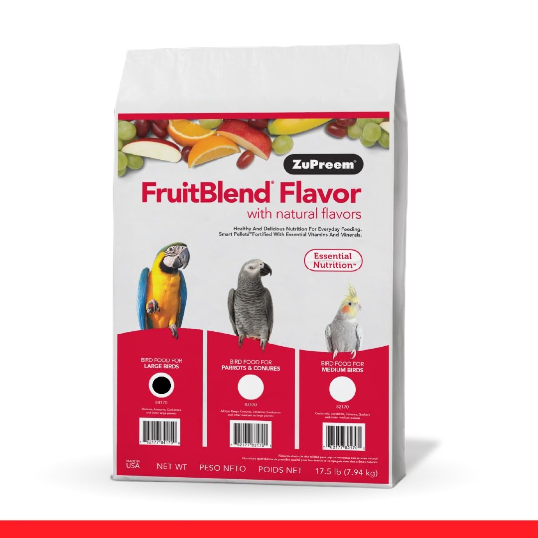 ZuPreemFruitBlend Bird Pellets, Daily Bird Food for Amazon, Cockatoo, Macaw, Core Nutrition for Large Birds, Made in USA, Macaw Pellets (L, 17.5 lb)