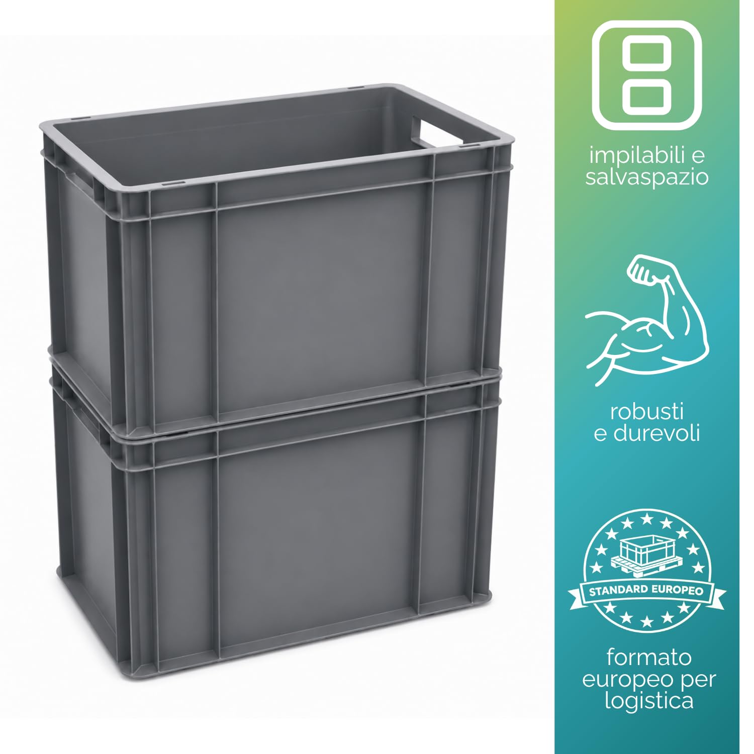 PALUPLUS 3 Cassette Multiuso con Maniglie in Plastica, Misura 60x40x32 cm, Contenitore Eurobox per Stoccaggio, Box Sovrapponibile per Garage, Aziende, Magazzini, Made in Italy -8222C -6,3