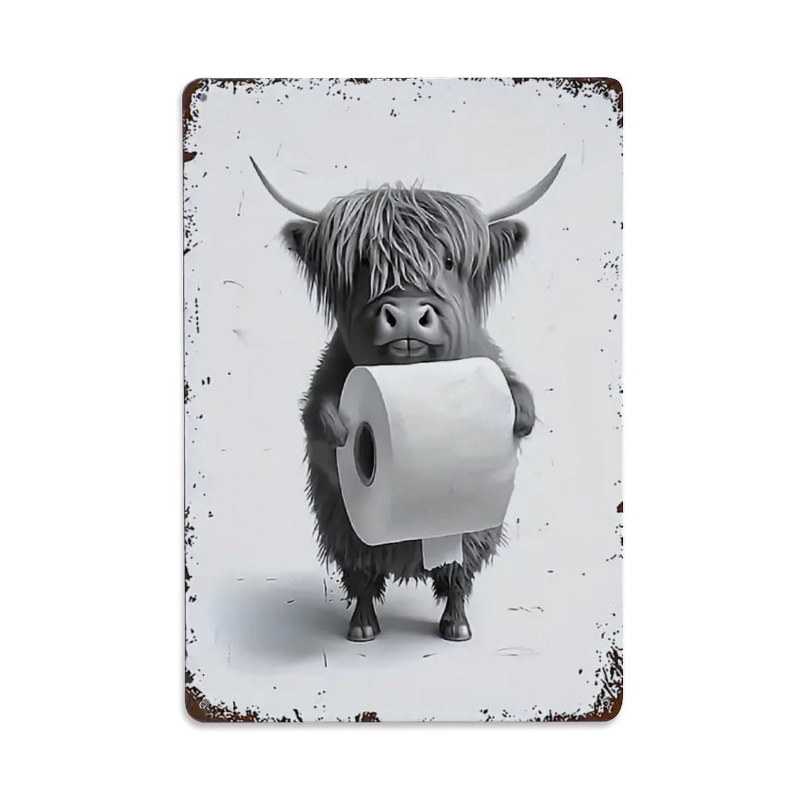 Rkundrne Vintage Highland Cow With Toilet Paper Metal Tin Sign Garden Bedroom Cafe Bar Man Cave Home Wall Decor Metal Poster 8X12 In