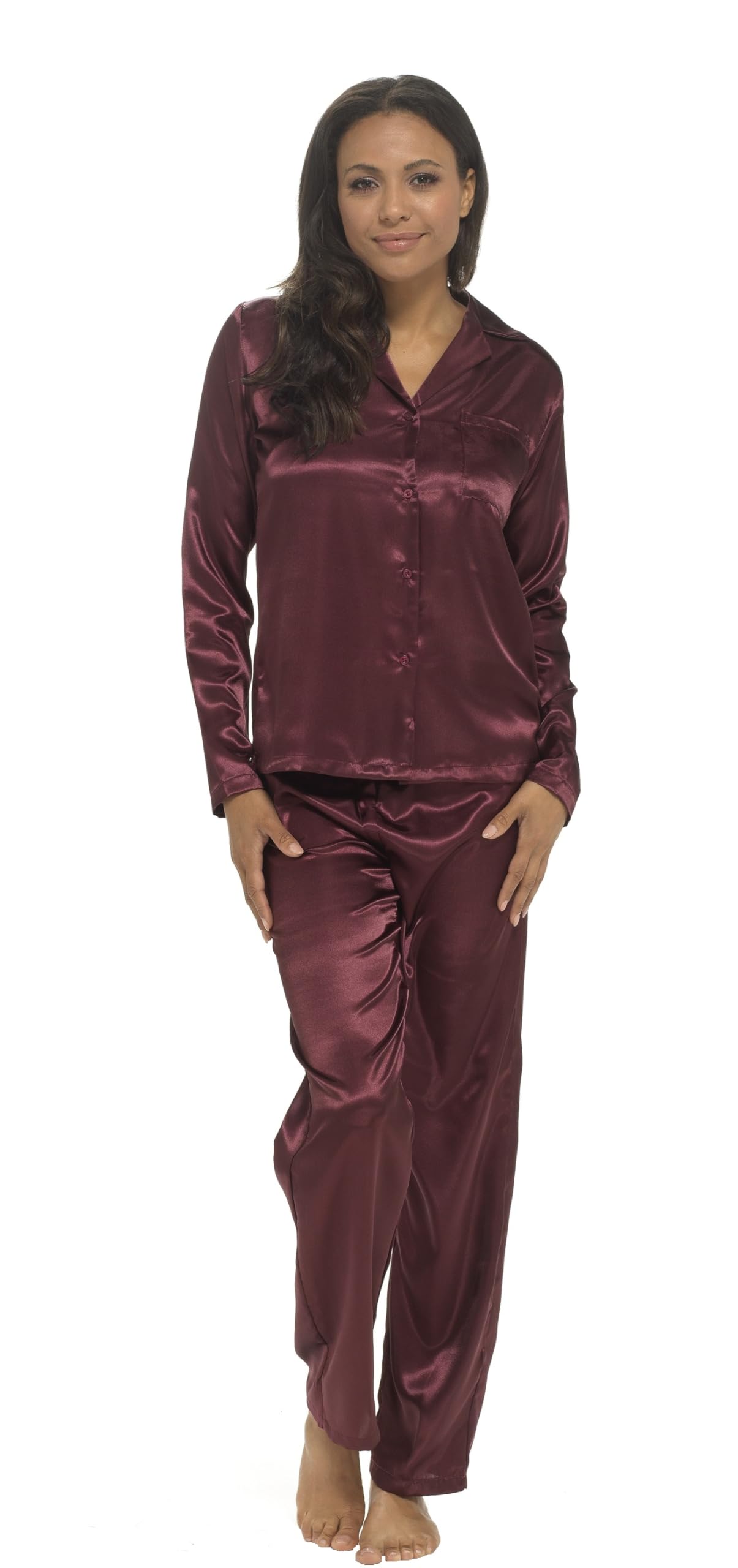 Ex UK Store Ladies Satin Pyjamas Silky Traditional Button Up PJ Sets Sleep Lounge Night Wear (Wine 16-18)