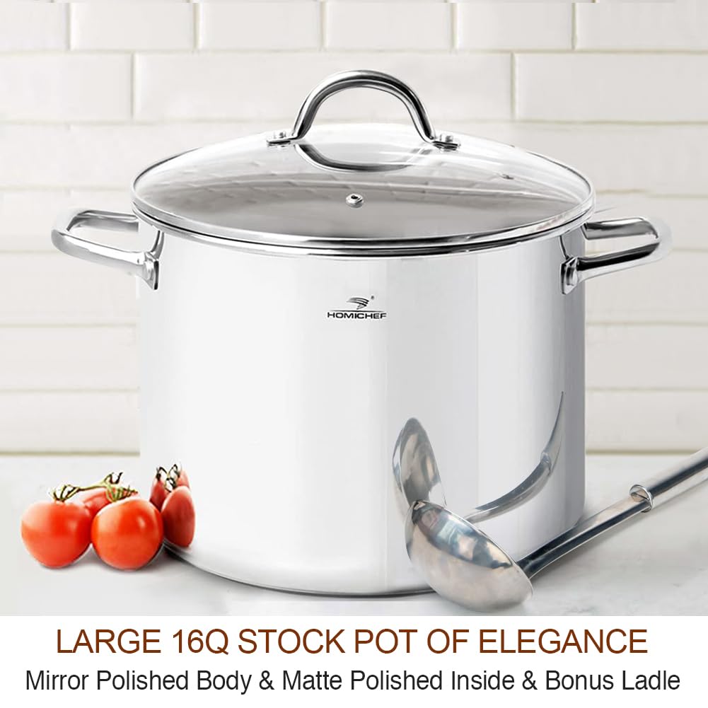 HOMICHEF 16 Quart LARGE Stock Pot with Glass Lid - NICKEL FREE Stainless Steel Healthy Cookware Stockpots with Lids 16 Quart - Mirror Polished Induction Pot - Commercial Grade Soup Pot Cooking Pot