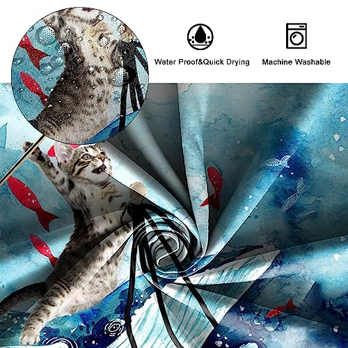SDOTPMT 105x160cm Funny Cat Shower Curtain Cute Cat Riding Whale Ocean Wave Bath Curtain Cartoon Red Fish Blue Bathtub Curtain for Kids Bathroom Decor Fabric Polyester Waterproof with Hooks - Image 4