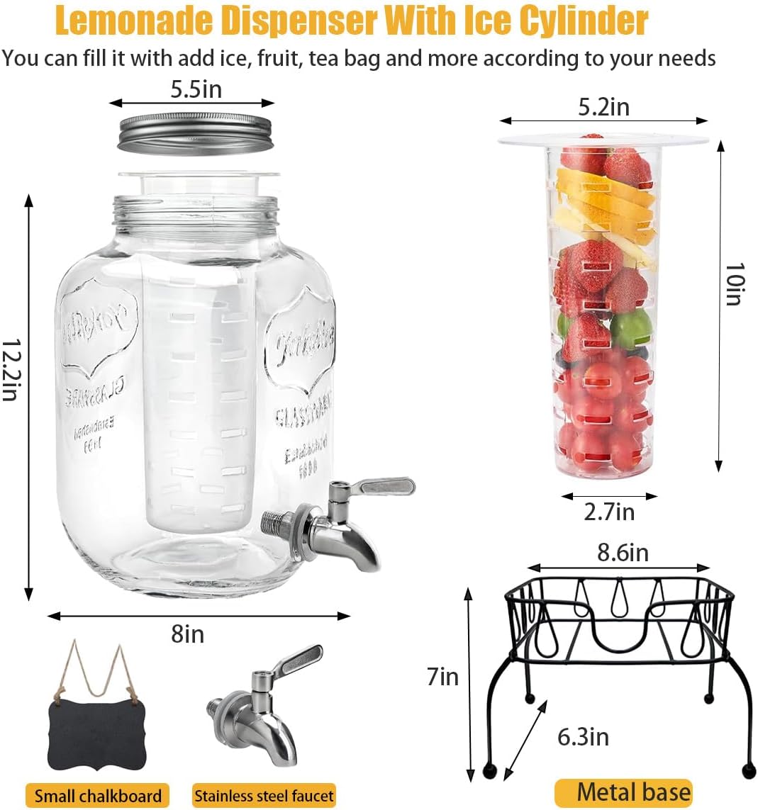 2 Gallon Drink Dispenser for Parties，Glass Beverage Dispenser with Stand and Stainless Steel Spigot，lemonade Dispenser，Clear Drink Dispenser for Outdoor, Weddings and Bar Decoration