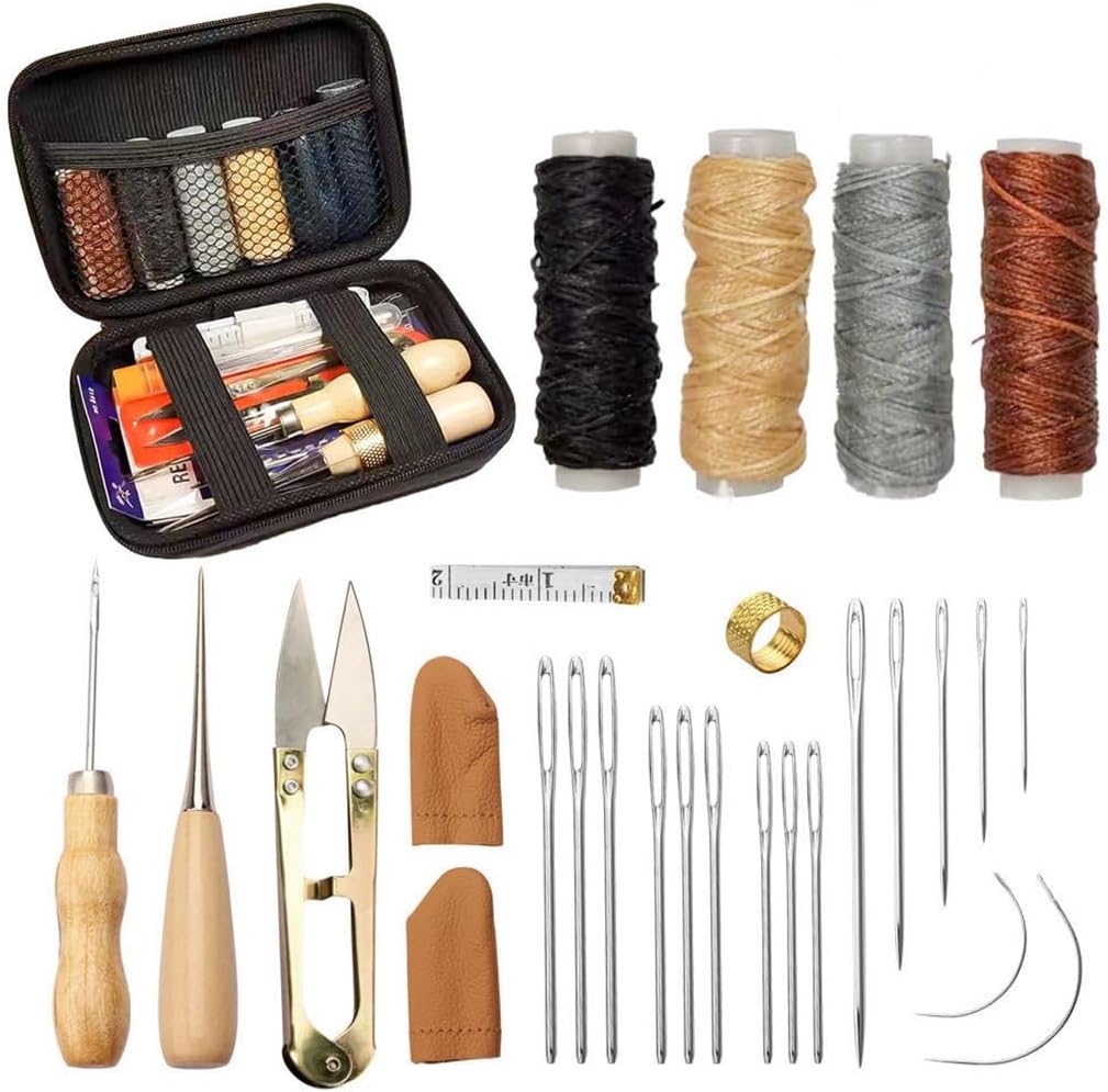 33 Piece Needle and Thread Bag, Hand Sewn Set, DIY Leather Goods Making, Tools