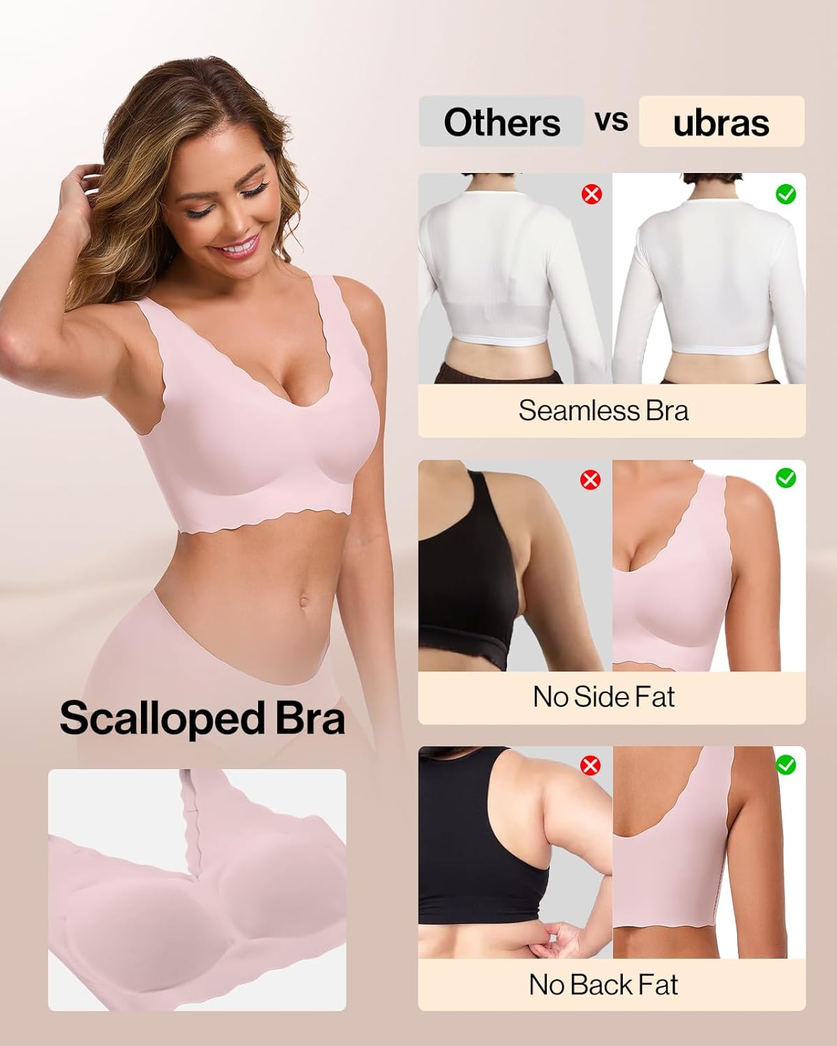 Ubras Deep V Seamless Bras for Women Scalloped Wireless Bralette Comfortable Soft Everyday Sleep Bras Smart Size - Image 3