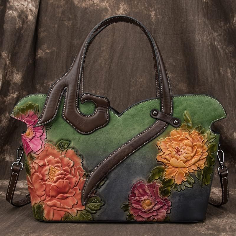 Floral Genuine Leather Women Purse Handbag Vintage Cowhide Tote Bag Ladies Shopping Shoulder Bag Crossbody Bag