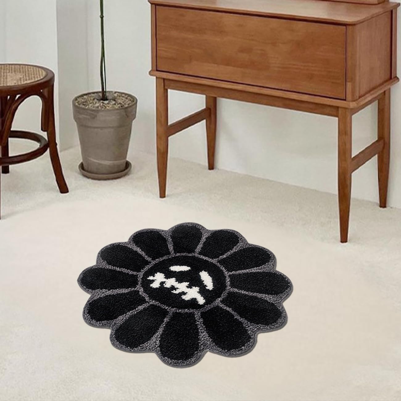 Trippy Flower Rug Cool Bathroom Rugs 2FT Gothic Black Bath Mat Tufted Extra Soft Water Absorbent Quick Dry