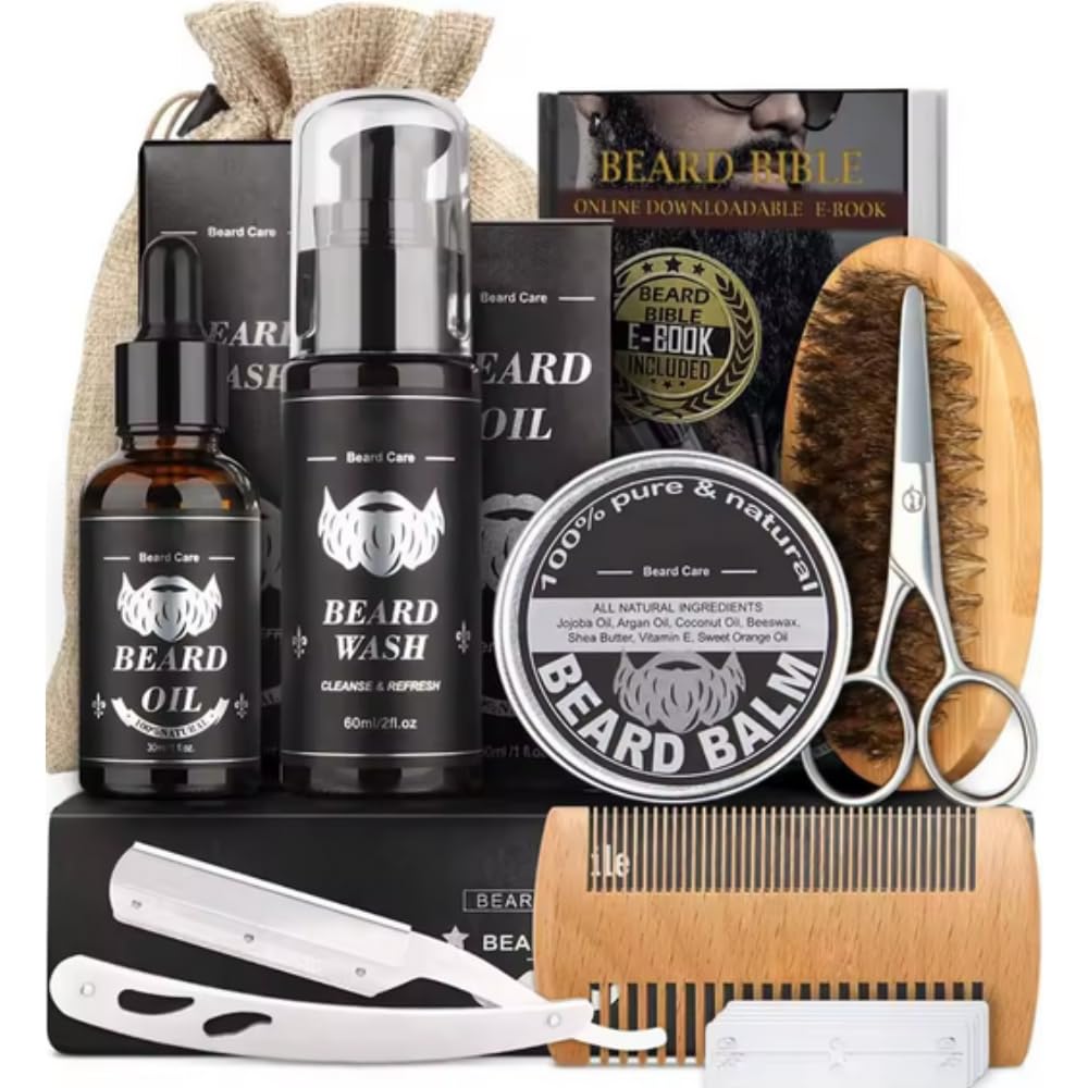 Beard Growth Kit for Men - Facial Hair Roller, Oil, Balm, Comb, Storage Bag - Birthday Gifts for Fathers, Dad With Free E-Book