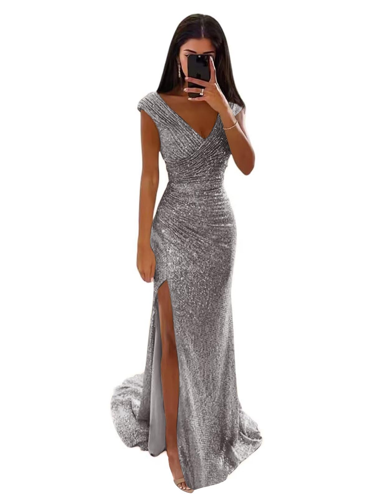 LORIE V Neck Sequin Prom Dresses 2026 Sparkly Long Mermaid Formal Party Evening Gown with Slit