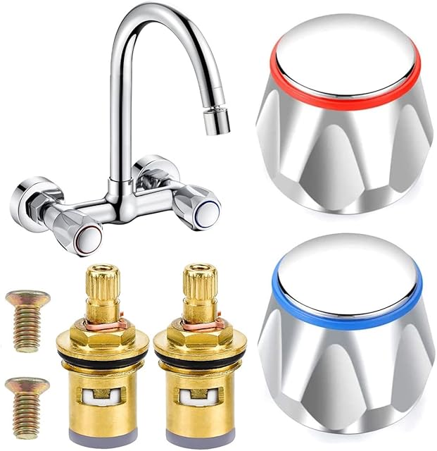 2 Sets Replacement Bathroom Kitchen Sink Tap Standard Hot & Cold Tap 1/2'' Top Head Covers Chrome Plated Red and Blue Tap Top for Leaking Aging Taps