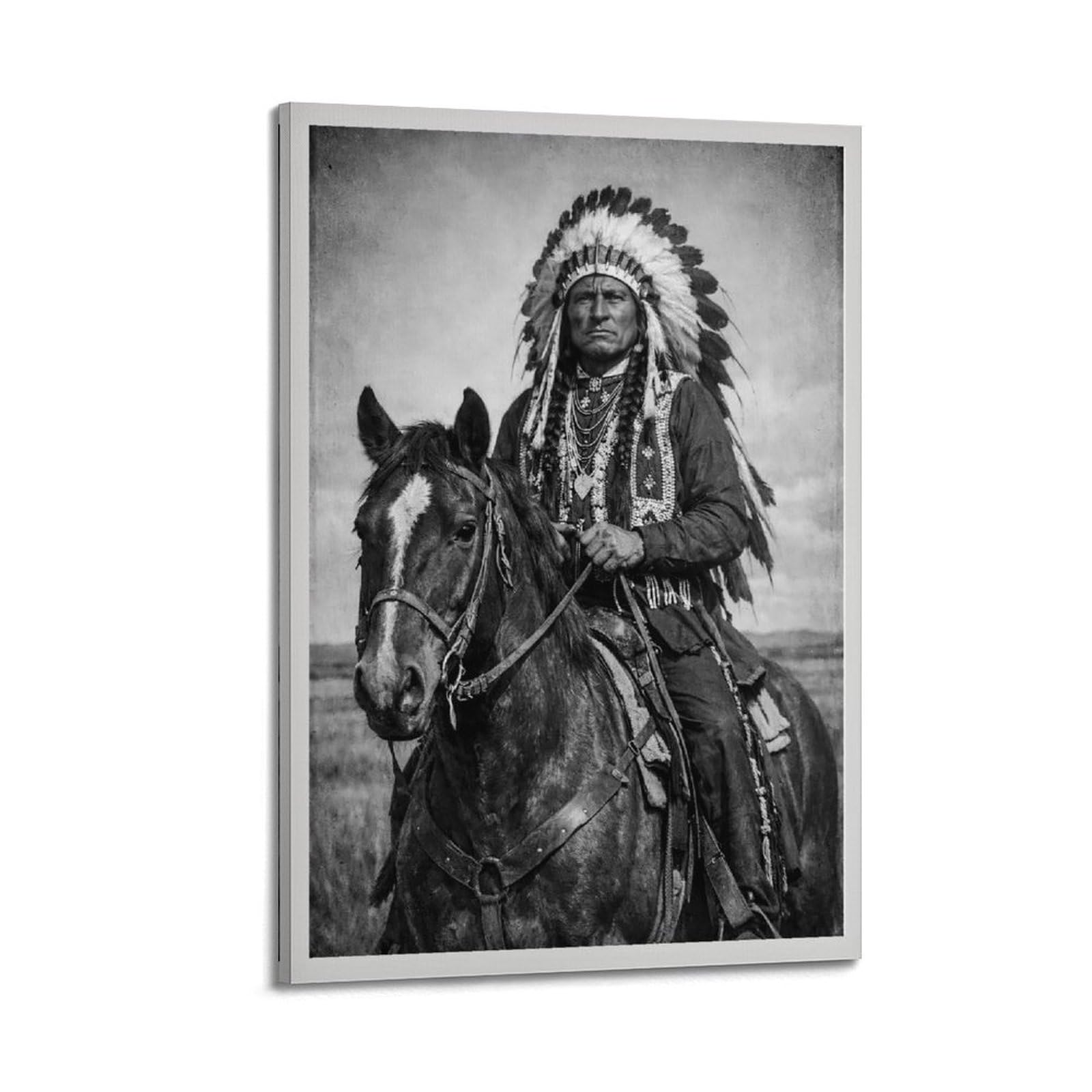 Comanche Chief Quanah Parker Photo _ Black And White Native American Indian Warrior Horseback Canvas Poster Wall Art Prints Room Aesthetic Murals Bedroom And Living Decorations 16x24inch(40x60cm)