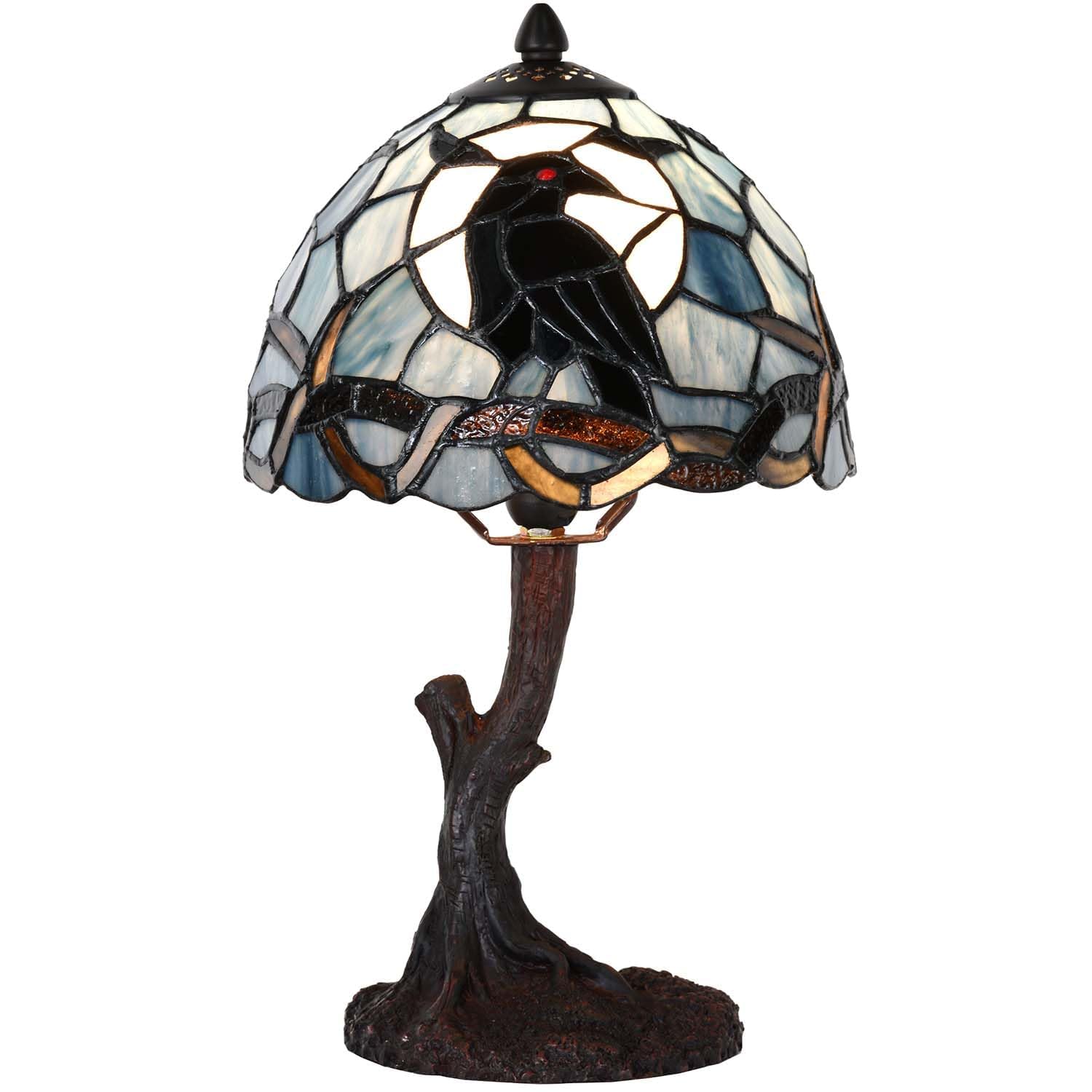 Bieye L32010 Corvo seduto su un ramo nudo durante la notte di luna piena, lampada da tavolo in vetro colorato in stile Tiffany per l'arredamento di interni (blu scuro, 8 L x 14 H piccolo)
