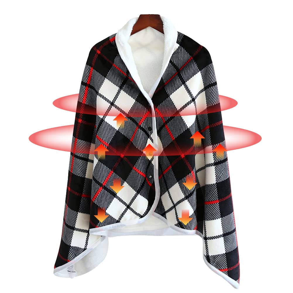 USB Plaid Electric Heated Shawl Blanket, Fleece Wearable Heated Blanket with Snap Closure ...
