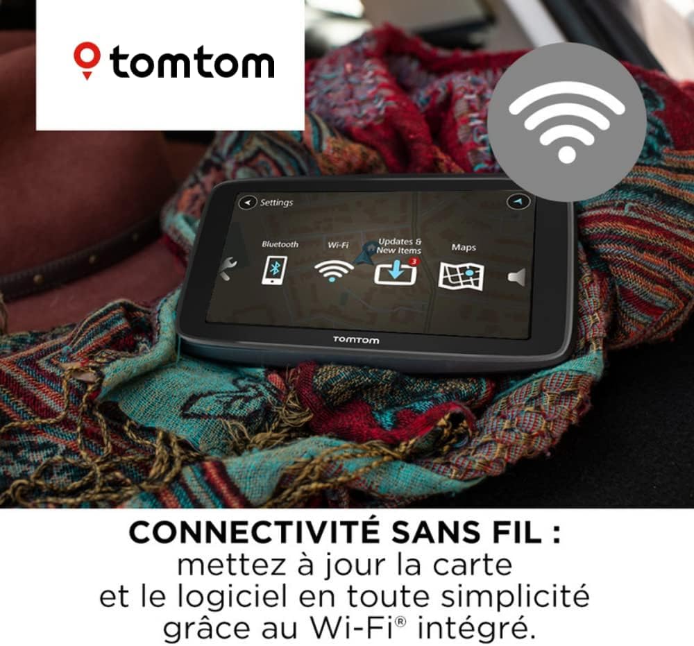TomTom GPS Voiture GO Basic, 5 Pouces, Info Trafic, Essai des Alertes de Zones de Danger, Cartes UE, Mise à Jour via WiFi, Fixation Reversible Intégrée Noir