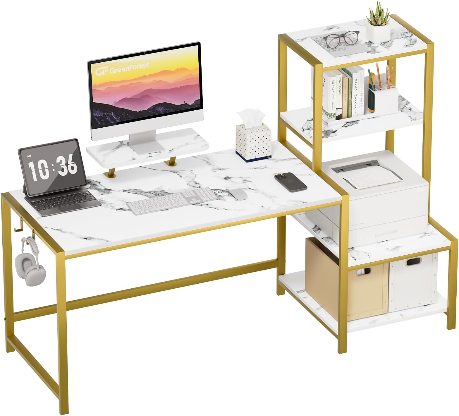 GreenForest Computer Desk 58 inch with Printer Shelf, Reversible Office Desk with Monitor Stand and 2 Hooks, Home Desk Workstation for Study Writing Working Gaming, Marble