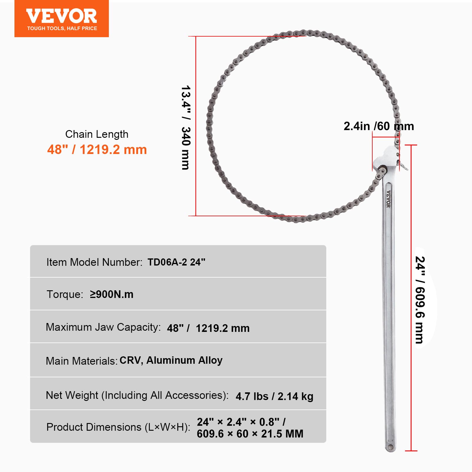 VEVOR Chiave a Catena, Chiave per Tubi a Catena 1219 mm, Chiave per Raccordi per Tubi Reversibile CRV con Ganascia ad Alta Resistenza e Impugnatura Ergonomica, Installazione Tubi e Auto Riparazione