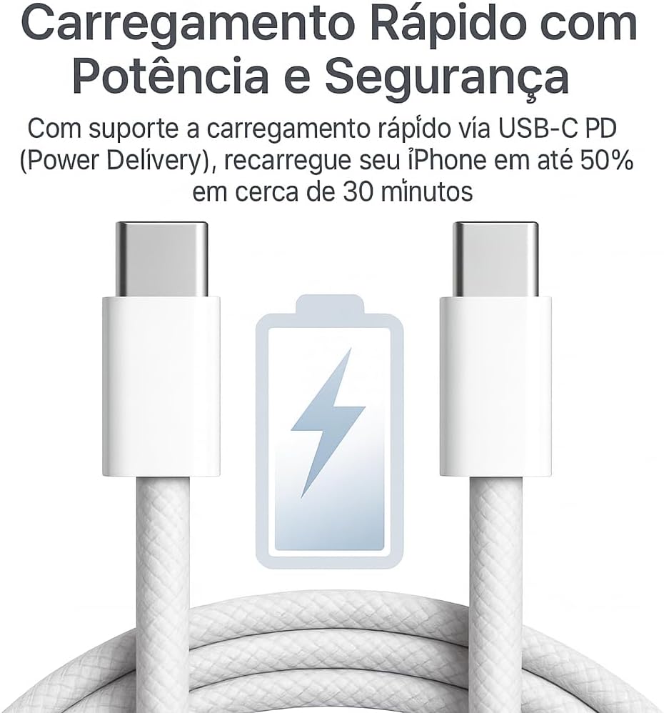 Cabo USB-C Turbo 2 Metros Tipo C 60W Nylon Trançado e Reforçado Compativel Com Iphone 15, Iphone 16 Notebook Tablet Qualidade Premium Carregamento Transferência de Dados Compativel ANDROID