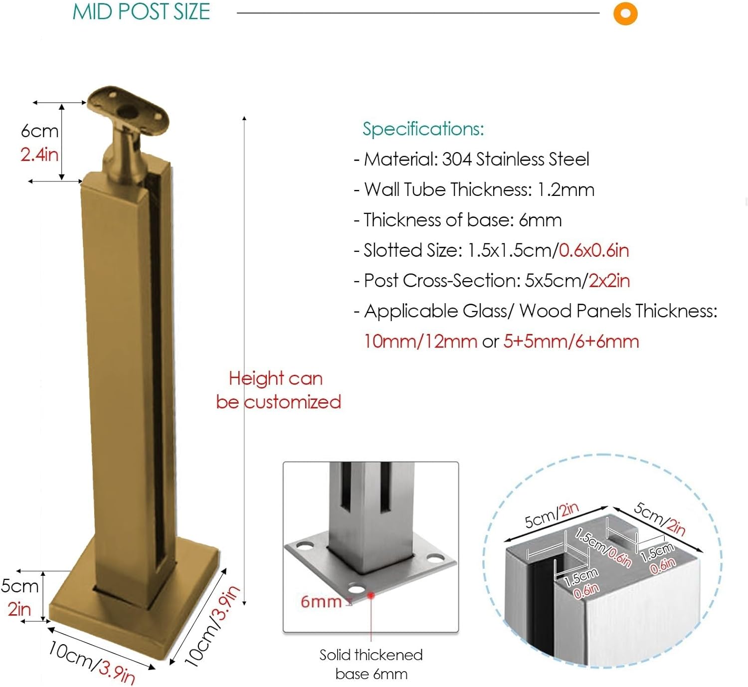 Gold Stainless Steel Glass Railing Post - End/Mid/Corner for Indoor/Outdoor Balconies, Attics, Decks - Fits Wood/Concrete, Shallow Grey, 100cm/39.3in Height