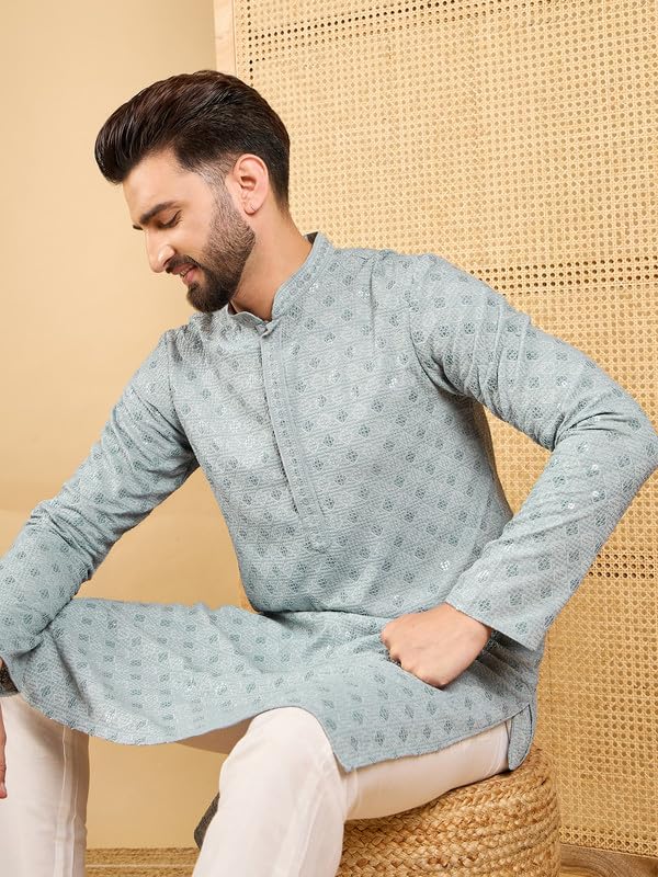 Image of Men's Solid Embroidered Long Straight Kurta | Men's Kurta | Embroidered Chikankari Kurta for Men | Straight Fit Kurta for Men