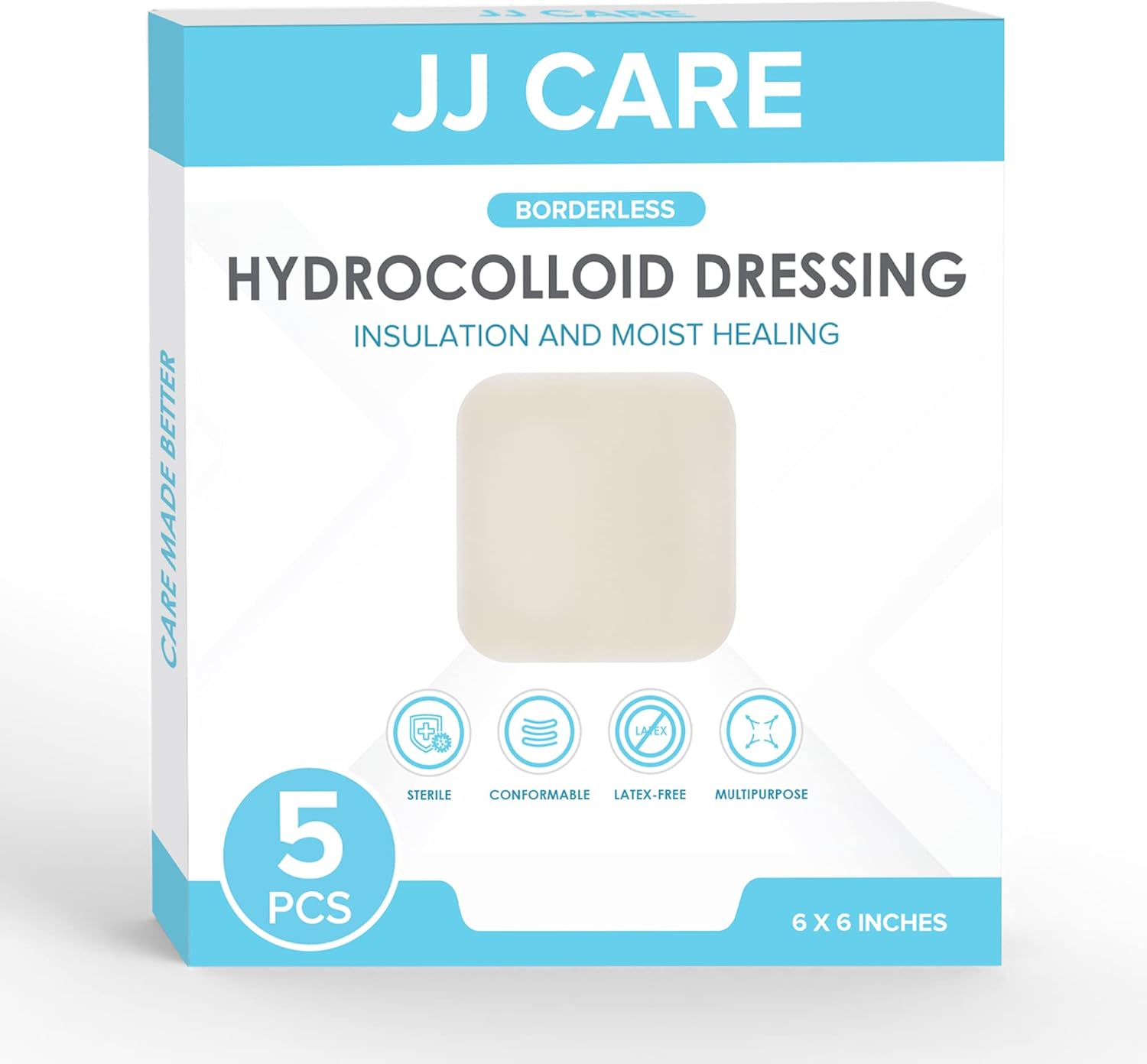 JJ CARE Hydrocolloid Dressing 6x6 [Pack 5], 0.8MM Thick